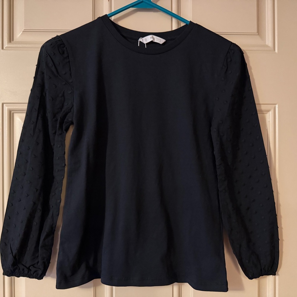 Mango kids size 10 Black Long Sleeve Swiss Dot Sleeve Top